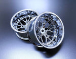 Close-up of Tetsujin Super Rim 'Lycoris' RC Wheels with adjustable offset features chrome