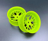 Close-up of Tetsujin Super Rim 'Lycoris' RC Wheels with adjustable offset features flu green