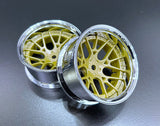 Close-up of Tetsujin Super Rim 'Lycoris' RC Wheels with adjustable offset features gold